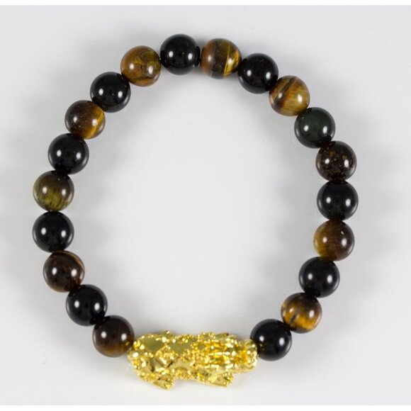 Tiger's Eye Wealth Good Luck Bracelet 8mm Round Beads Stretch Gold-Tone Dragon - Picture 1 of 6